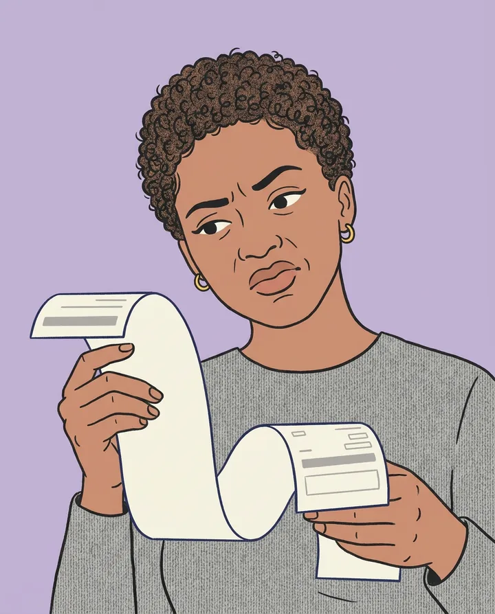 A woman frowning in confusion at a long shop receipt