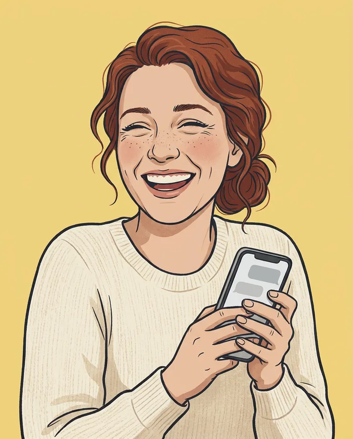 A woman laughing with relief while holding her phone